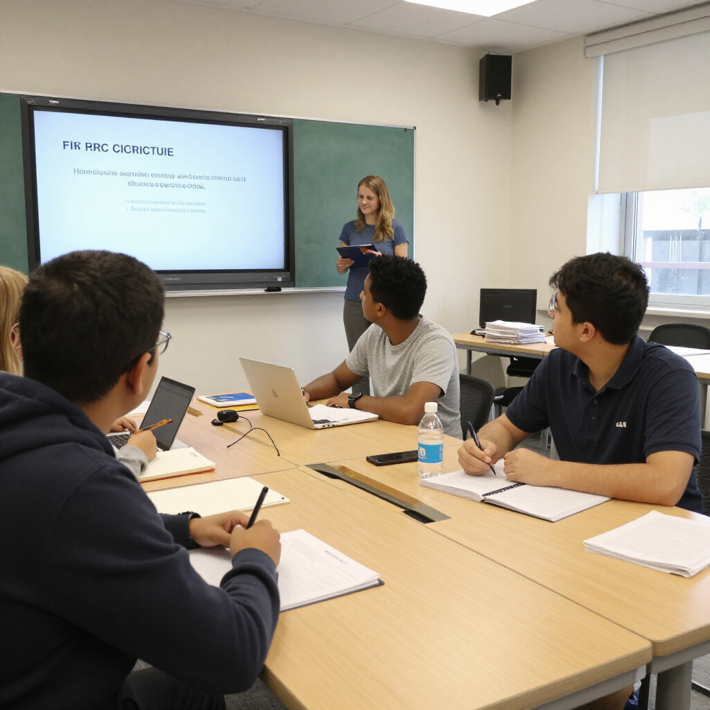 Estudiantes en un aula moderna participando en una presentación, con una mujer exponiendo frente a una pantalla que muestra contenido educativo sobre circuitos. El ambiente está equipado con computadoras portátiles y materiales de estudio.