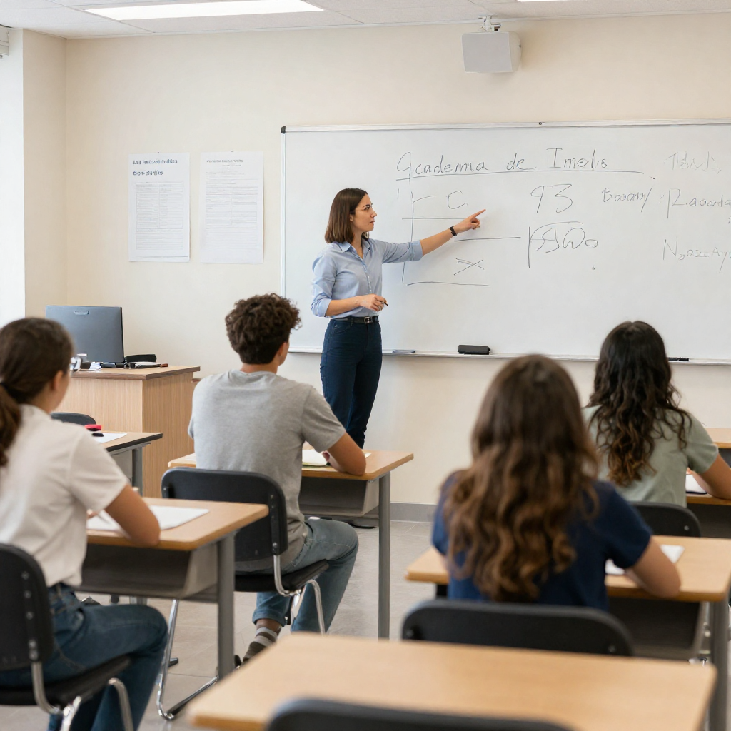 Maestra explicando conceptos en una pizarra dentro de un aula, con estudiantes atentos en sus escritorios.