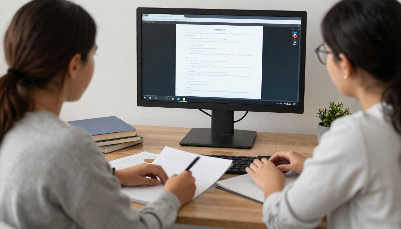 Dos estudiantes revisan contenido en una computadora mientras toman notas en un ambiente de estudio. En la mesa hay libros y una planta decorativa, lo que sugiere un espacio de aprendizaje organizado y colaborativo.