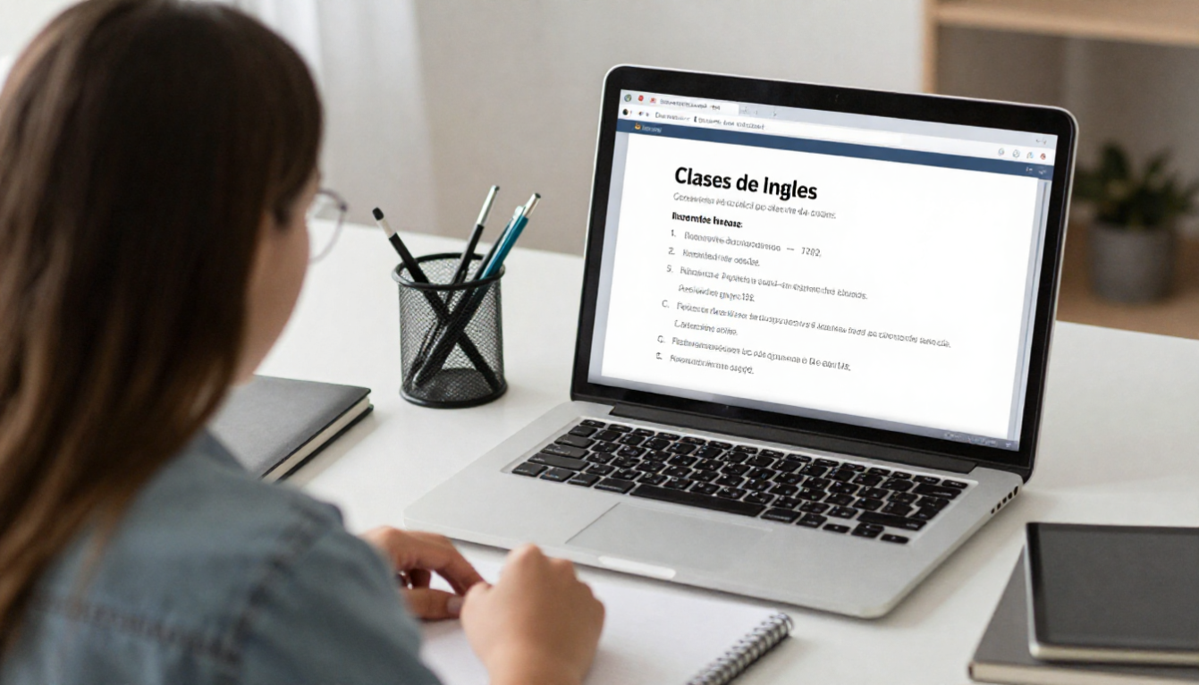 Estudiante tomando notas durante una clase de inglés en una computadora portátil, con un cuaderno y útiles escolares en un escritorio.