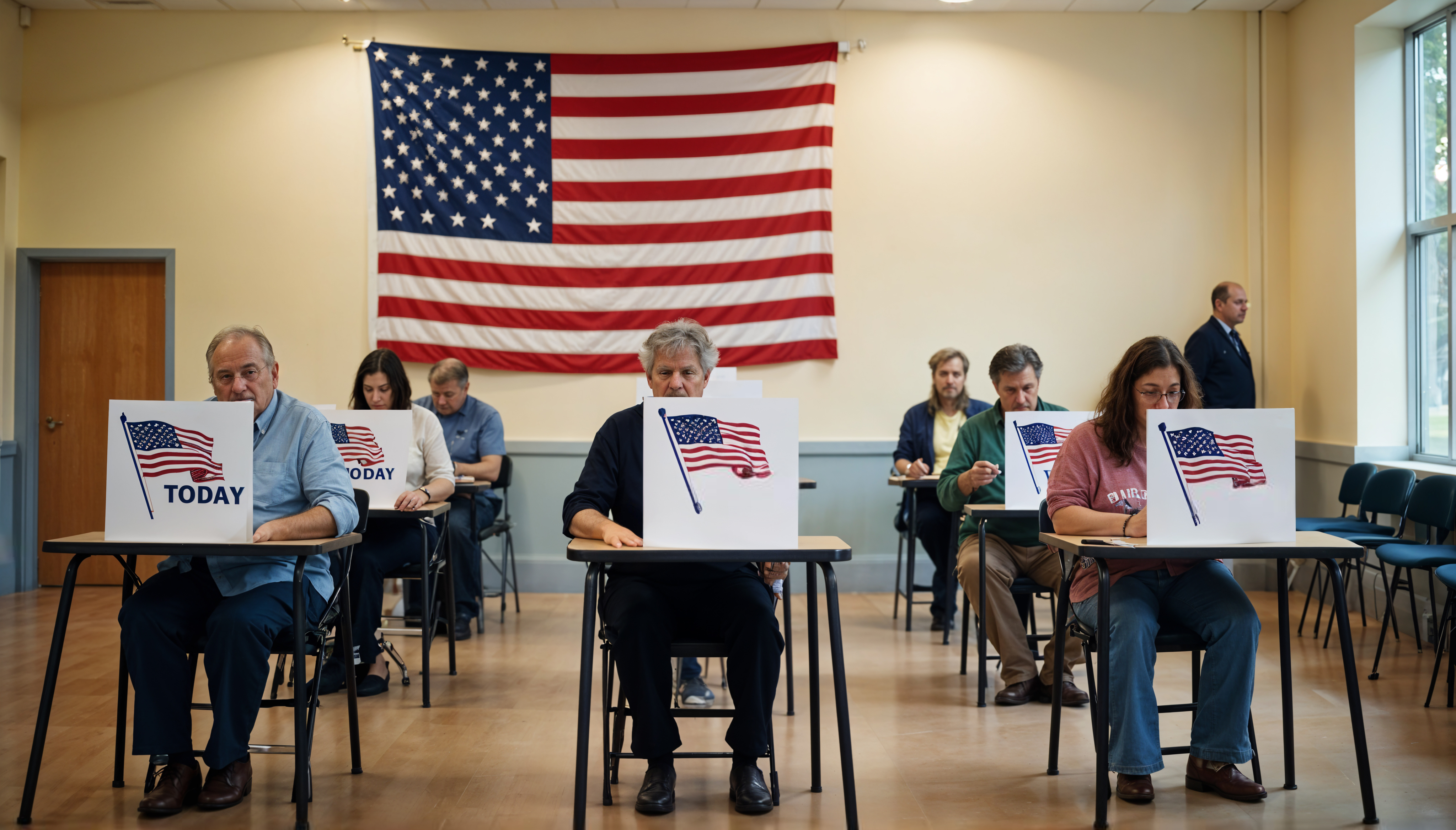 Ciudadanos votando en un centro electoral, con carteles que muestran la bandera de Estados Unidos y el texto "HOY". En el fondo, se observa una gran bandera estadounidense.