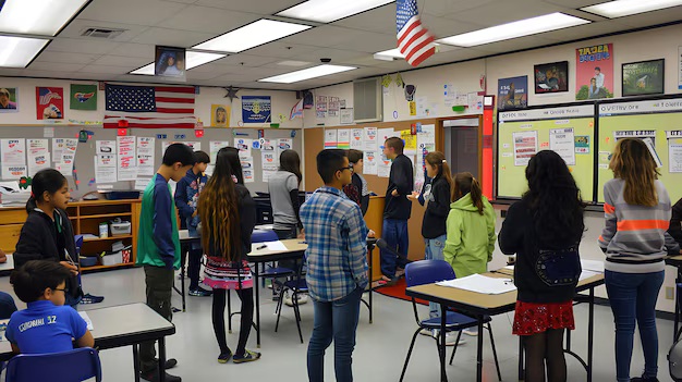 Clase de estudiantes en un aula con banderas y materiales educativos en las paredes, participando en una actividad grupal.