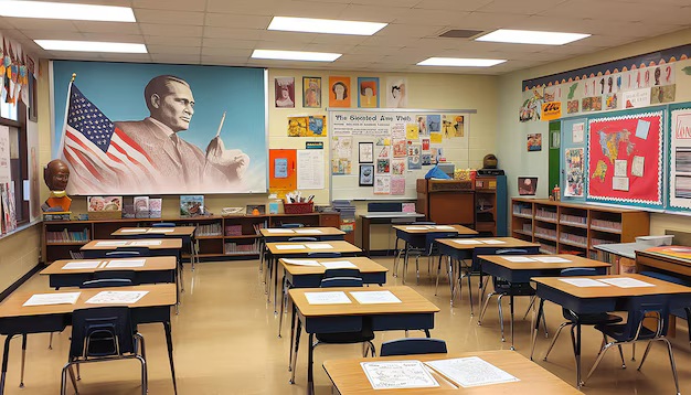 Aula de clases con escritorios y sillas organizados, mural de un hombre con una bandera estadounidense en la pared, decoraciones educativas y obras de arte en las paredes.