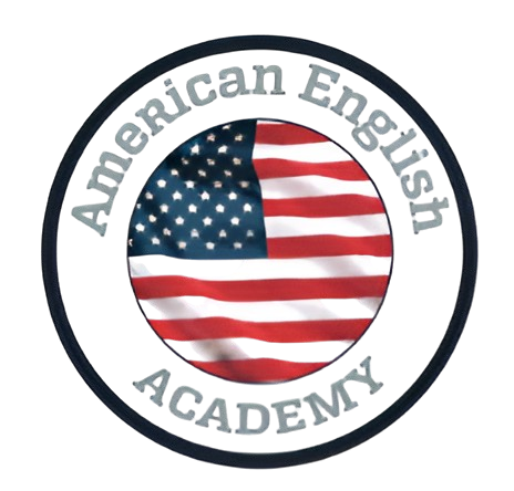 Logo de la American English Academy, que presenta una bandera de Estados Unidos dentro de un círculo, con el texto "American English Academy" alrededor.