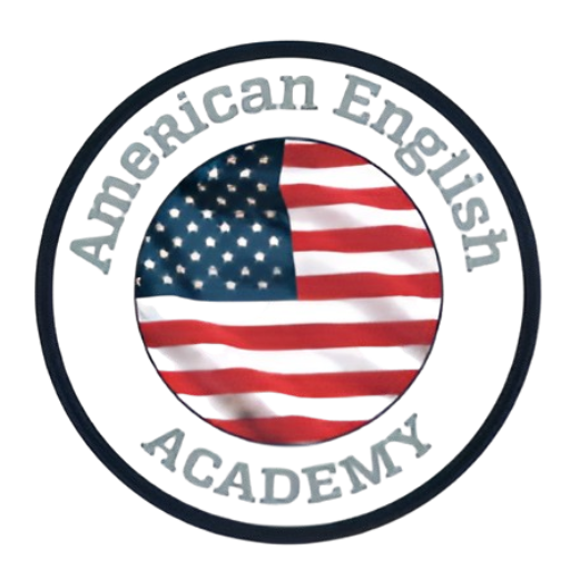 Logotipo de la American English Academy con un fondo que presenta la bandera de Estados Unidos, diseñado para representar la enseñanza del idioma inglés.